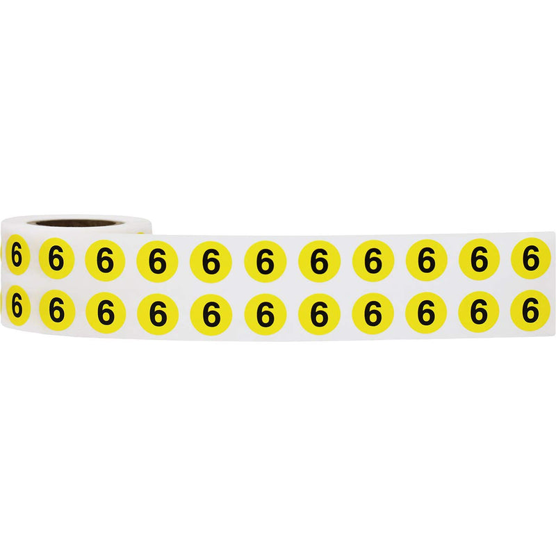 Yellow Circle Number 6 Stickers 0.50 Inch Round 1000 Labels on a Roll