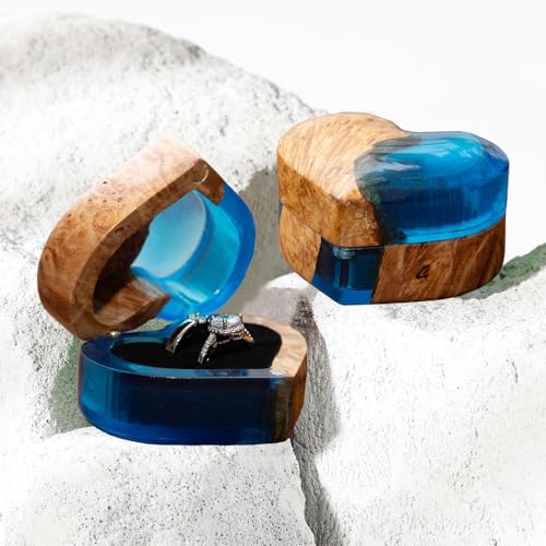 Heart Shaped Ring Gift Box, jewelry organizers and storage,Personalized Wooden Ring Box, Double Slotted Ring Holder, Wedding, Engagement, Proposal, Birthday and Anniversary Jewelry Display Box blue