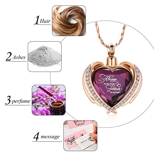 Cremation Jewelry for Ashes Pendant - Crystal Heart Urn Necklace with Mini Keepsake Urn Memorial Ash Jewelry Always-Rose Gold-Purple