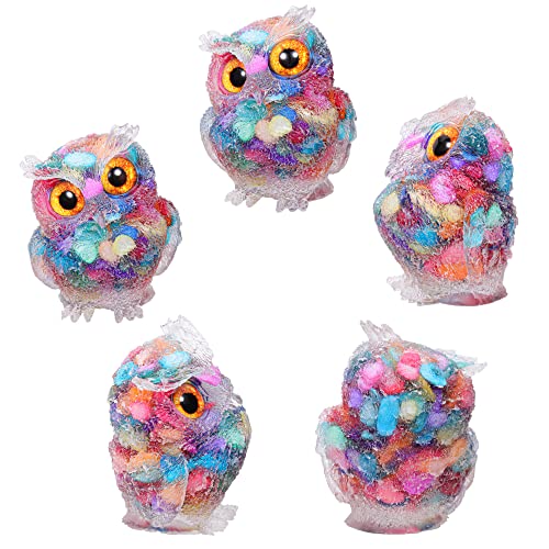 Jovivi 2.5" Rainbow Shell Crystal Owl Statue Carved Resin Reiki Healing Crystal Pocket Stone Sculpture Gemstone Animal Owl Figurines Ornament Cute Room Office Decor Gifts