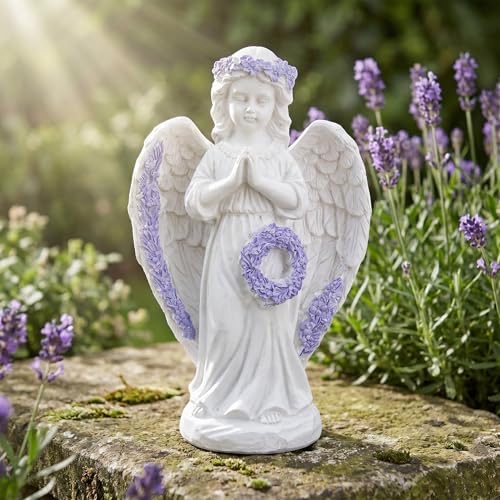 Praying Angel Figurines with Wreath for Garden Statues Angel Decor Standing With Lavender B