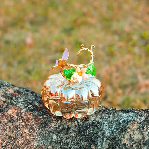 Crystal Pumpkin Ring Jewelry Box - Champagne Pumpkin Collectible Figurines Glass Paperweight Tabletop for Fall Harvest Thanksgiving Halloween Home Decor Gifts for Her Women Mom Girlfriend Wife