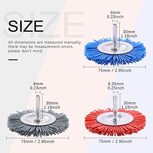 Swpeet 3 Pieces 3" 75mm Nylon Filament Grinding Wire Cup Brush Kit with 1/4 Inch Shank, Includes Fine Medium Coarse Grit Perfect for Removing Rust, Corrosion, S665, Round Wheel Brush