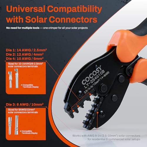 New Solar Crimping AWG 8-14 Compatible with Solar Connectors, Solar Crimper Ideal for AWG8/10/12/14 (2.5-10mm²) Wires Precise Solar Ratcheting Crimper for PV Systems (AWG8-14 Solar Crimper HW) AWG8-14 Solar Crimper HW