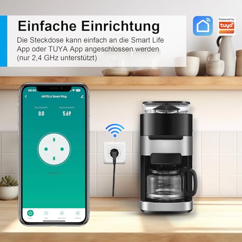 Antela WLAN Smart Socket with Current Measurement 16 A, Smart Home Socket Compatible with Alexa/Google Home, Power Consumption Measurement, Voice Control, App Remote Control, 2.4 GHz, 4 PCs | Compatible with Alexa/Google Home, power consumption measure...