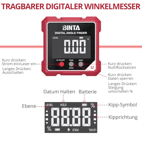 Binta Digital Protractor Inclinometer Laser Spirit Level | Rechargeable IP54 Waterproof Magnetic Leveling Box Level Box for Woodworking, Construction, Decoration, DIY Red