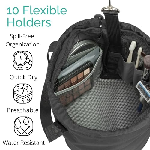 Quick Dry Mesh Shower Caddy for College Dorms – Lightweight Shower Caddy Mesh with Drawstring Top, Breathable Mesh Bottom, and Multiple Pockets with Zippers for Cruise Essentials for Shower (Black) Black