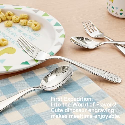 KINGSTONE 6 Pieces Toddler Utensils Set, 18/10 Stainless Steel, Dinosaur Cute Dinosaur 6-Piece (Small)