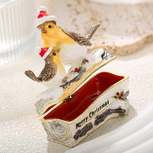 Hand Painted Enamel Christmas Robin Bird Trinket Box, Hinged Jewelry Organizer Storage, Unique Home Decor Keepsake Collectible Figurine, Personalized Decoration Ornament Gifts (Grey Christmas Sparrow) Grey Christmas Sparrow