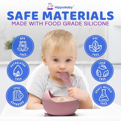 HippoBaby Baby Led Weaning Supplies |10 Piece Silicone Baby Feeding Set, Baby Toddler Bib Cup Divided Plate and Bowl Self Feeding Spoons Dish Set | Baby Utensils,Toddler Feeding Supplies (Rose Quartz) Rose Quartz