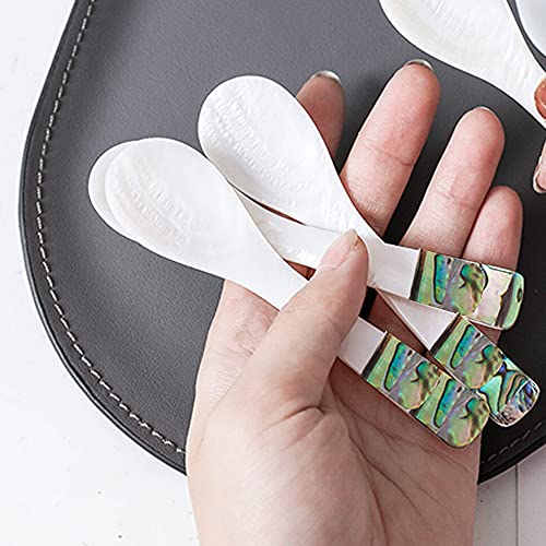 i-lan 6pcs White Mother of Pearl Spoons,Well Polished Inlaid Seashell MOP Teaspoons,Stirring Spoons Utensils with Green Decorative Pattern Handle for Caviar,Egg,Ice cream,Coffee Serving, 4 x 1 inch