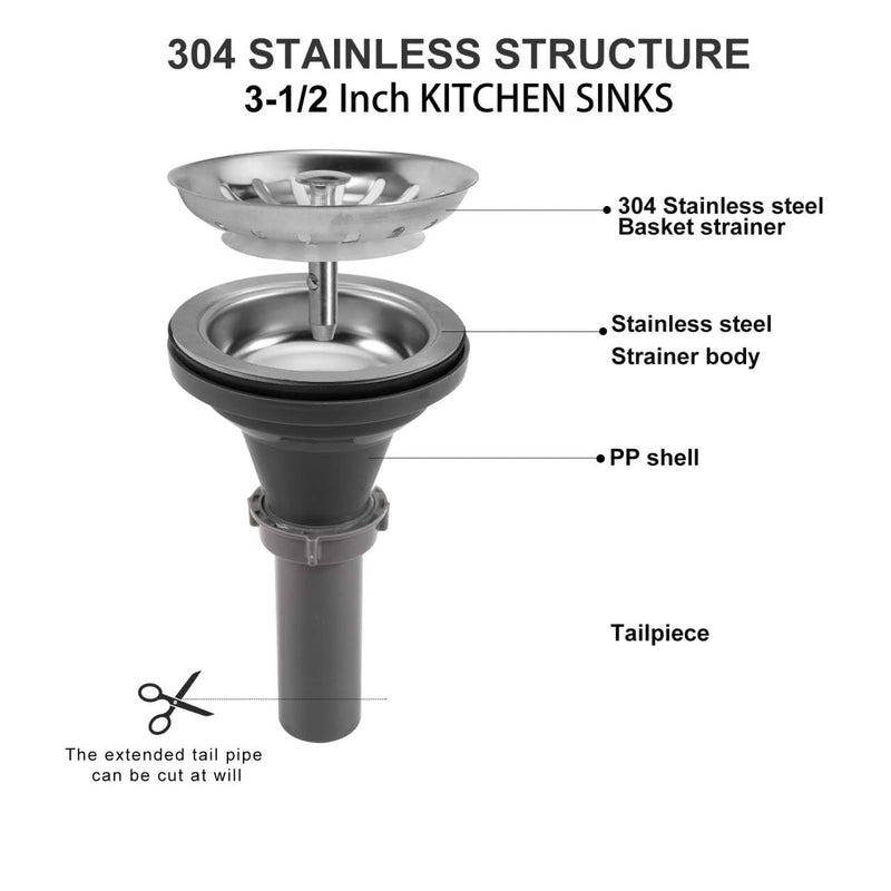 3-1/2'' ﻿Kitchen Sink Drain Kit Sink Drain Basket Sink Drain Assembly 304 Stainless Steel Sink Strainer Basket Stopper for Home Standard Kitchen Sinks （Tailpiece Included） Gray+1