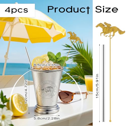 4 Pack 12 oz Derby Mint Julep Cups with Straws and Stirring Stick Stainless Steel Mint Julep Tumbler Silver Cocktail Glasses for Derby Horse Racing Party Supplies 4