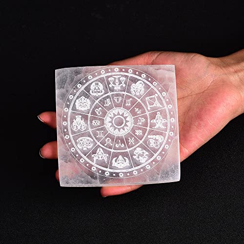 JIC Gem 4" Square Selenite Charging Plate 12 Star Engraved Selenite Slab Healing Crystal Charging Station 12 Star-4"