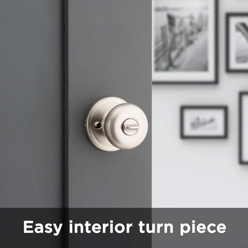 Kwikset Juno Interior Privacy Door Knob with Lock, Door Handle For Bathroom and Bedroom, Satin Nickel Keyless Turn Lock Doorknob, with Microban Protection 1 Pack