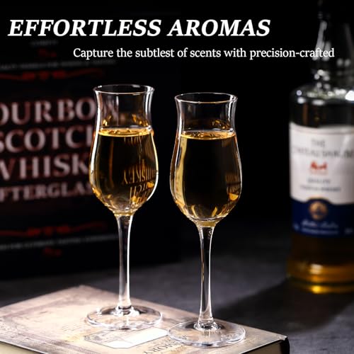 Cognac, Brandy, Whiskey,Tequila and Dessert Wine Snifter Glasses - Set of 4 - Professional 4oz Small Crystal Snifters Gift Sniffers for Sipping Neat Liquor - Liquor and Spirits Sippers Stemmed Tulip