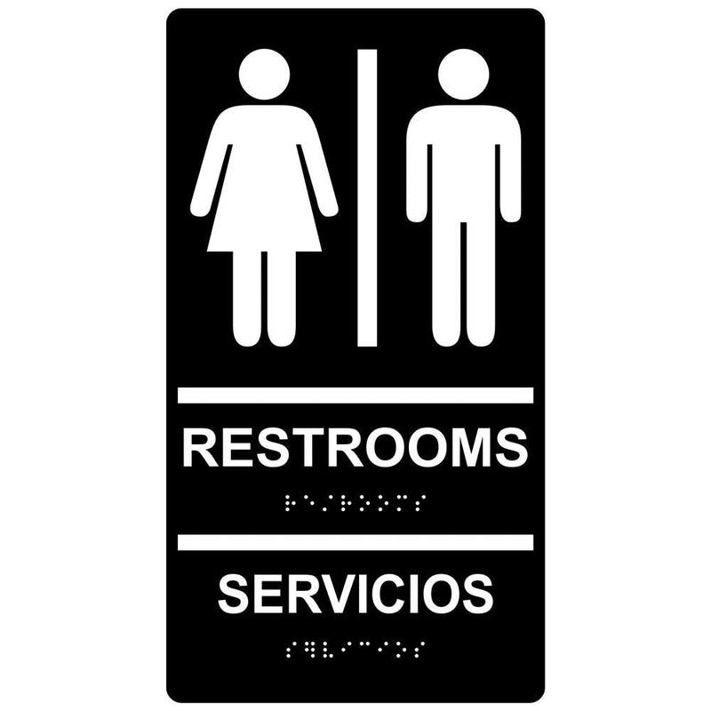 ComplianceSigns.com Restrooms Bilingual Sign, ADA-Compliant Braille and Raised Letters, 11x6 in. White on Black Acrylic with Adhesive Mounting Strips
