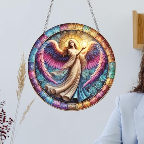 Angel Stained Window Hangings with Chain– Acrylic Round Ornament for Garden, Patio and Indoor Decor, Housewarming Gift for Mom, Grandma