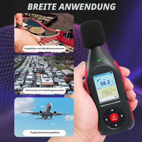 Sound Level Meter Decibel Meter Data Logger with A/C Frequency Rating, Fast/Slow Response, 43,000 Records, Real-time Sampling, USB/PC Connector, Tri-Colour LED Noise Warning Indicator
