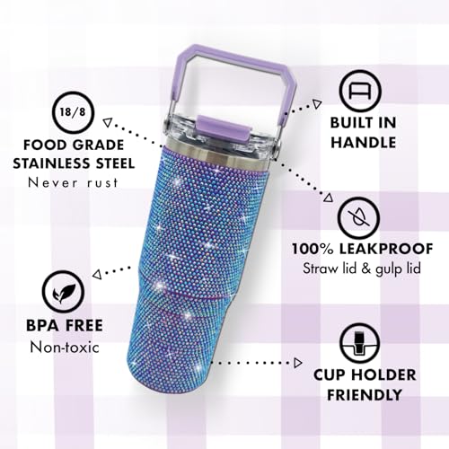 30oz Bling Rhinestone Studded Tumbler with Top Handle and Leakproof Lid Vacuum Insulated Stainless Steel Glitter Crystal Water Bottle with Flip Straw Reusable Cup Outdoors Travel Mugs (Violet) Violet