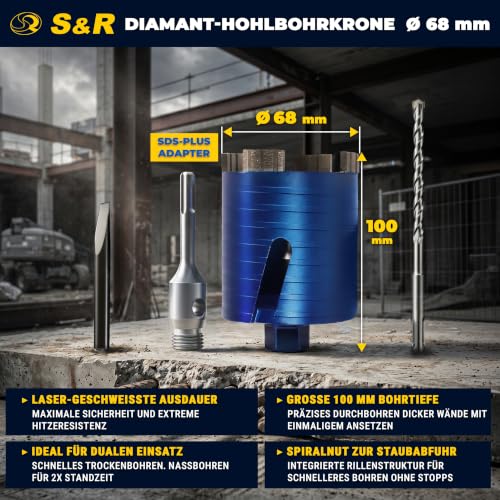 S&R Diamond Core Bit 68mm SDS-plus Can Drill Bit for Concrete, Solid Brick, Hollow Brick, Masonry, Sand-lime Brick, Poroton and Natural Stone, Dry Drill Bit for Sockets Ø 68 mm | L: 90mm