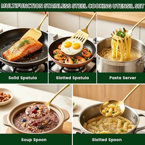 11-Piece Gold Serving Utensils Set, Stainless Steel Large Serving Spoons, Fork, Spatula, Ladle, Cake Knife & Server - Party Serving Supplies for Buffet, Weddings & Catering (Gold)