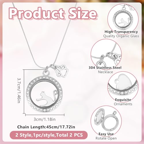 2PCS Pet Ashes Necklace Cats Hair Keepsake Fur Locket Necklaces Cat Dog Remembrance Jewelry with Paw Heart Rhinestone Pet Memorial Urn Necklace for Cats Women Men Loss Pet Sympathy Gift 2 Necklace