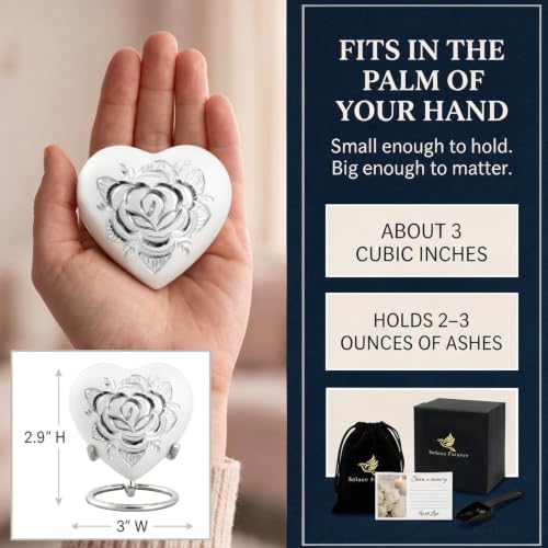 Small Urns for Ashes for Women - Rose Keepsake Urn with Stand, Gift Box & Velvet Bag - Mini Memorial Heart urn for Loved Ones, Baby, Women & Men (Pearl White, Small) Pearl White