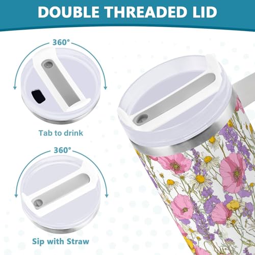 Farmhouse Wildflower Pink Poppy Tumbler with Handle and Straw Leak Proof Tumbler 2 in 1 Lid Insulated Water Bottle Tumblers Stainless Steel Cup Large Travel Mug Cups, Gifts for Women Man, 30oz Pink Poppy Flower 30 Ounces