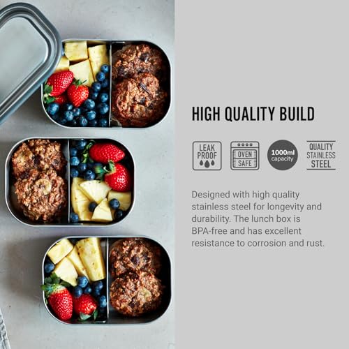 Black+Blum Stainless Steel Lunch Box | Leak Proof 3-in-1 Multi-Functional Plastic Free Vacuum Valve Bento Box with Compartment Divider and Accessories, Olive Solid