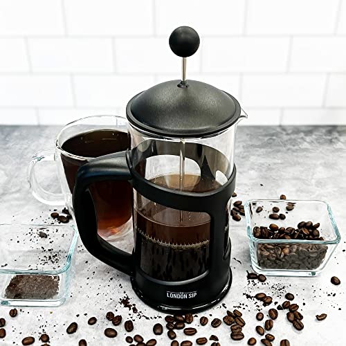 The London Sip Glass French Press Immersion Brewer Coffee Press Stainless Steel Filter System, 12oz, Black 12 oz