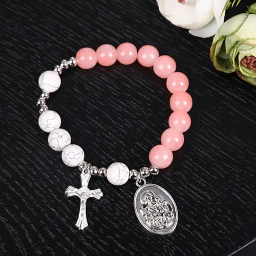 GALPADA Glass Cross Bracelet for Women with Rosary Beads, Elastic Alloy Strand with Excellent Luster and Smooth Surface, Not Easy to Break, Gift for Mother's Day and Anniversaries
