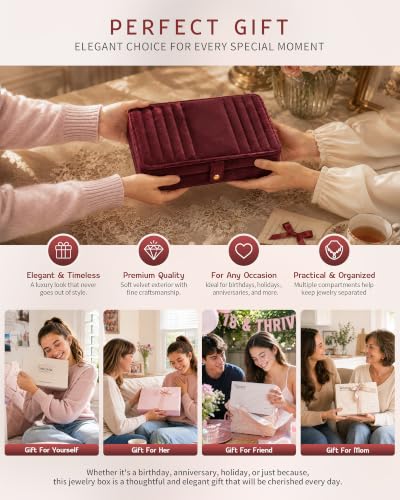 VELORIA Velvet Travel Jewelry Organizer with Hidden Compartment, Dark Red Dark Red Velvet