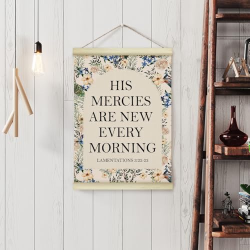LWBEO Christian Poster Hanger Frame, Christian Bible Verse His Mercies are New Every Morning Boho Wooden Canvas Art Print, Positive Wall Art for Bedroom Living Room Office Nursery Decor 12x16in -26