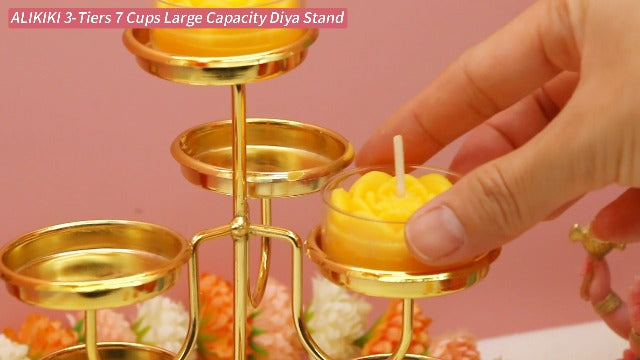 7 Cups Golden Diwali Diya Candle Holder Metal Tea Light Deepavali Decor