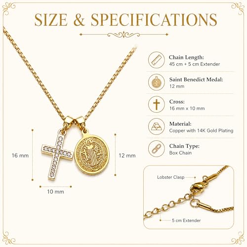 Gold Cross Necklace for Women, 14K Gold Plated Double Pendant Necklace with Cubic Zirconia Cross, Dainty Box Chain Religious Jewelry Gift, Adjustable 18"+2" B