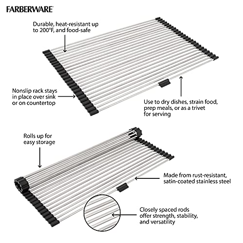 Farberware Dish Drying Rack Over the Sink, Large Stainless Steel Rolling Drying Rack for Kitchen Counter, Rust-Resistant Rods, Holds Up to 22 lbs, Dishwasher Safe