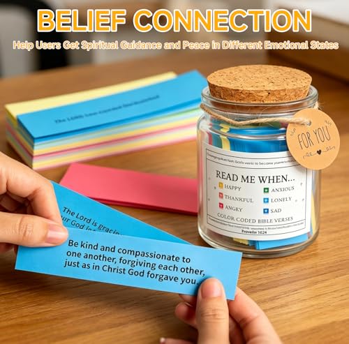 Bible Verses Jar Glass – Read Me When Inspirational Scripture Cards (90 Verses) in English, Colour-Coded Emotional Categories, Christian Gift for Women & Men, Easter Religious Encouragement Gift