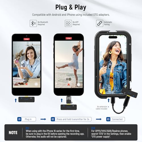 NEEWER KM15 Wireless Lavalier Microphone System Compatible with iPhone Android Phone PC Computer, Mini USB C Noise Cancelling Lapel Mic, 300m Range 48KHz/24Bit 9H Battery for Video Recording Streaming KM15 Set