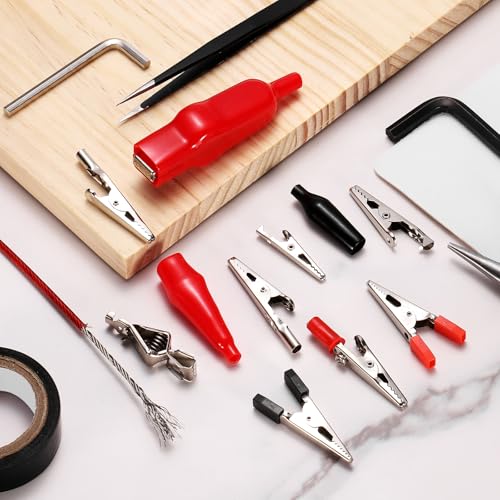 QUARKZMAN Crocodile Clips, 33 mm, Small Steel Clamps with Plastic Handle for Multimeter, Laboratory, Electrical Battery Tests, Cable Clips, Red/Black, Pack of 10 | With plastic handle, for multimeter laboratory electrical battery tests, cable clamps
