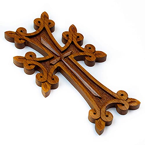 HandCraftoria Wooden Wall Cross with Ornaments best Armenian Handmade gift souvenir (brown) brown