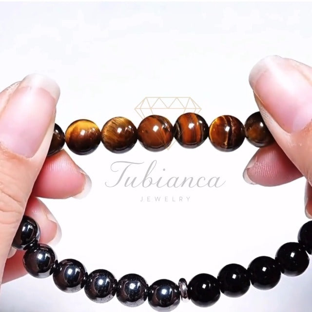 Triple Protection Healing Crystal Beaded Bracelet – Tiger Eye, Black Tourmaline & Hematite Natural Stone Jewelry – Strength & Positive Energy Gift for Men & Women – Christmas & Anniversary