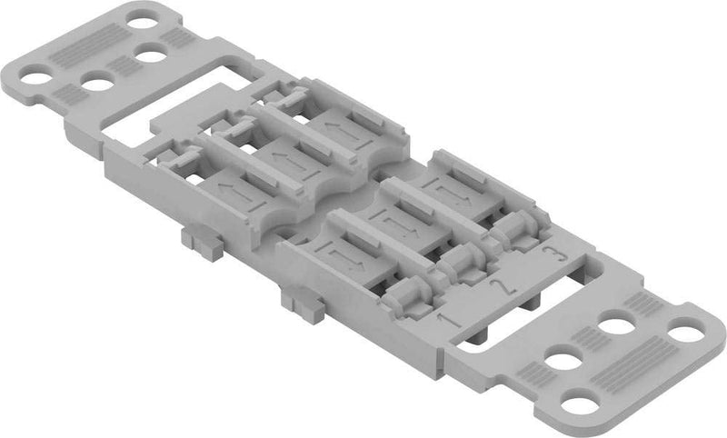 221-2513 | WAGO 221 Series mounting Carrier for Inline Connector | with Strain Relief | 3-Way | with snap-in mounting Foot | Gray | [Box of 10 Pieces]