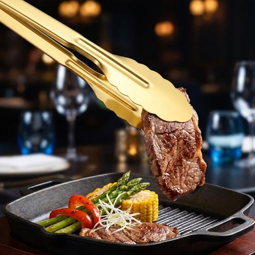 12 Pack Gold Serving Tongs, Stainless Steel Buffet Tongs, 9 Inch
