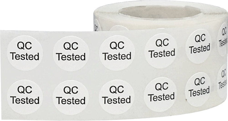 Quality Control QC Tested Stickers – 1/2 Inch Round Adhesive Labels, 1000 Total Stickers Per Roll, White with Black Text for Product Inspection, Packaging, and Manufacturing – Made in the USA 1/2" Circle