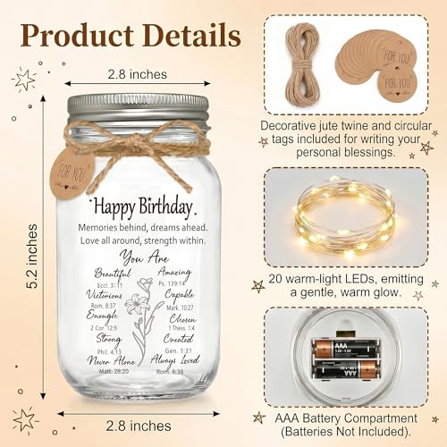 Christian Birthday Gifts for Women, Inspirational Mason Jar Night Light Happy Birthday