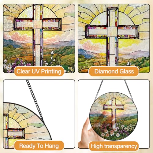 Cross Decor Suncatcher, Christian Stained Glass Window Hanging, 8 Inch Cross Wildflowers Sun Catchers Indoor Window Decorations, Suncatchers for Windows Hanging, Religious Home Decor Cross Stained Glass