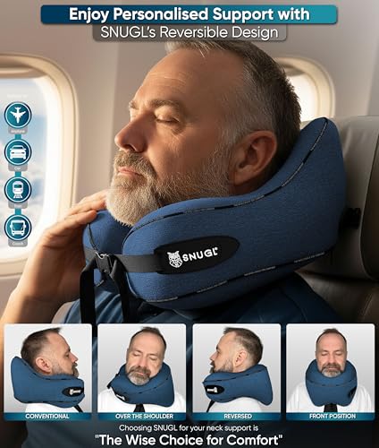 SNUGL Travel Pillow – Memory Foam Pillows - Neck Pillow for Airplane with Carry Bag & Clip – Neck Support Pillows for Pain Relief - Airplane Travel Essentials Adult Regular Blue