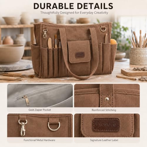 Picsurs brown pottery tool bag with multiple pockets and art supply tote design