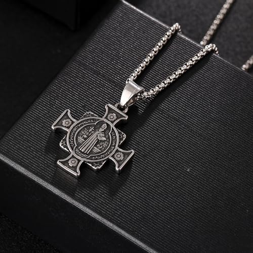 Saint Benedict Cross Necklace, Christian Sacramental Medal Pendant, Stainless Steel Ward off Evil Protection Jewelry